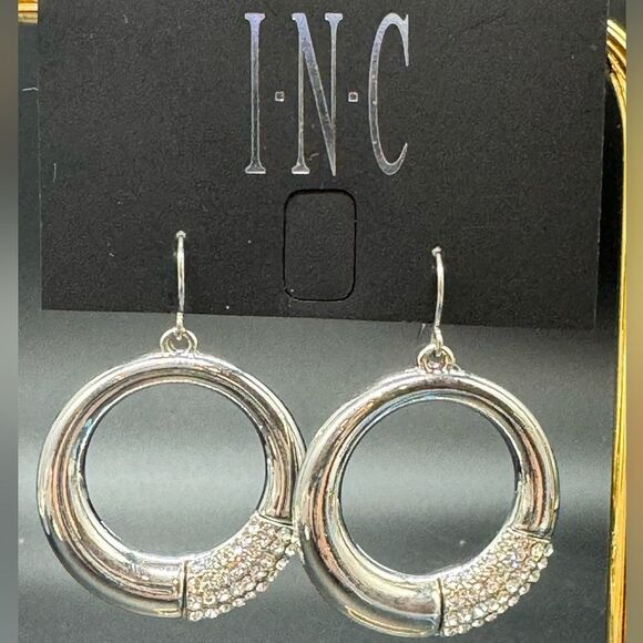 INC Silver Tone Fish Hook Dangle Ring embellished in Crystal Earrings 1.75 inch - Picture 3 of 5